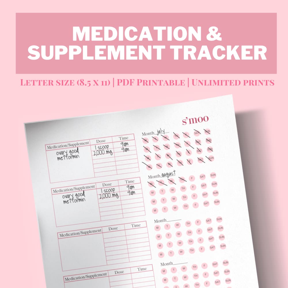 PCOS Medication and Supplement Log - Printable PDF - The S’moo Co